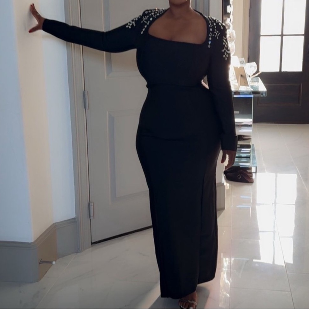Silhouette Black Dress with Embellished Shoulders